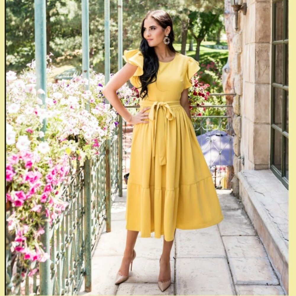 Rachel Parcell Marigold Yellow Serene Midi Ruffle Dress  Sz L